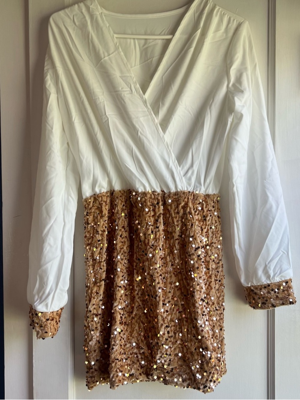 Long Sleeve Mini Dress White with Gold Sequin